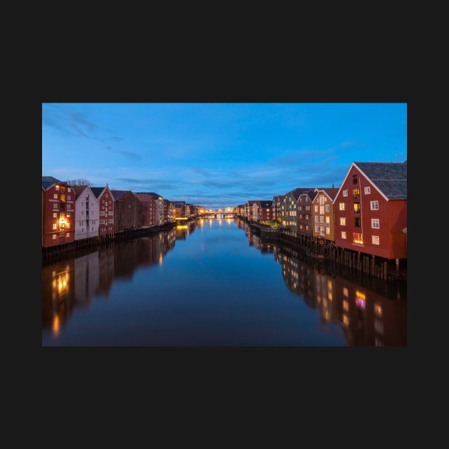 The old city of Trondheim and Nidelva River at evening. Norway by JohnKruger