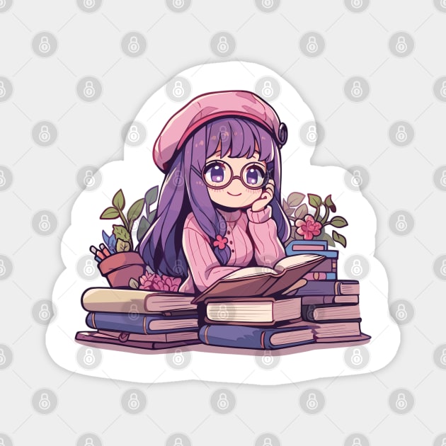 Cute Bookish Manga Girl Magnet by Retroprints