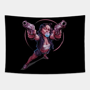 Bubble gum girl with guns Tapestry