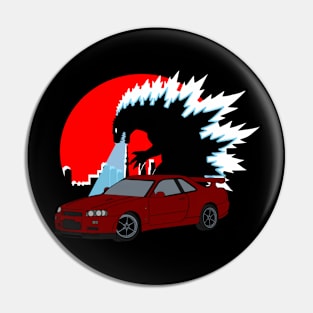 Red Godzilla Skyline Pin