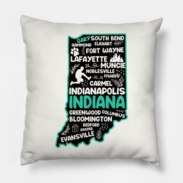 Gary Indiana cute map Evansville, Carmel, South Bend, Fishers, Bloomington, Hammond, Gary Pillow by BoogieCreates