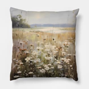 Wildflower Field Landscape Oil Painting Pillow