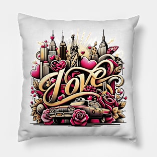 New York Love - Chic Urban Art Tee with Statue of Liberty and Cityscape Pillow