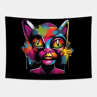 Colorful Graffiti Cat Girl Street Art Tapestry