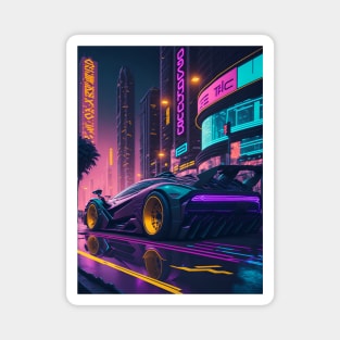 Dark Neon Sports Car in Japanese Neon City Magnet