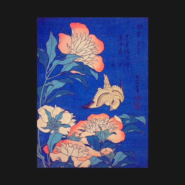 "Peonies and Canary" from a series known as 'Small Flowers' by Katsushika Hokusai (1834) TECHNICOLOR REMASTERED by FineArtMaster