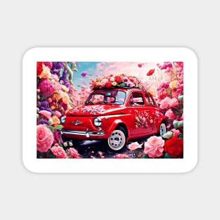 Red Fiat 500 in a surreal sea of flowers Magnet