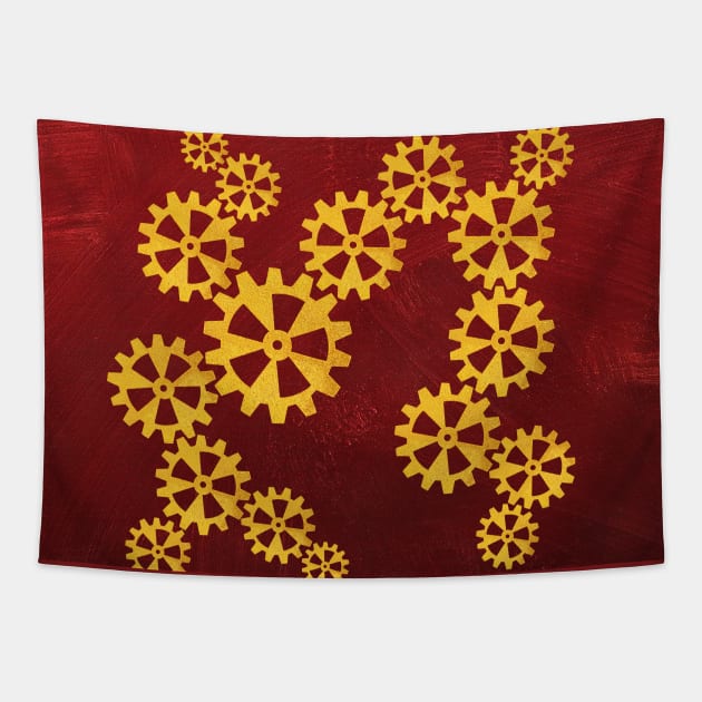 Golden steampunk gears on a red background Tapestry by Purrfect