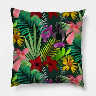 Elegant tropical flowers and leaves pattern purple illustration, dark green tropical pattern over a Pillow