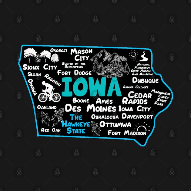 the hawkeye state Iowa map Des Moines Sioux City, Mason City, Boone, Davenport, Ottumwa, Fort Madison by BoogieCreates