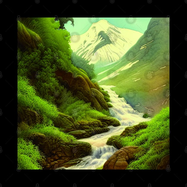 Digital painting of Mountains with Snow and River by Promen Art