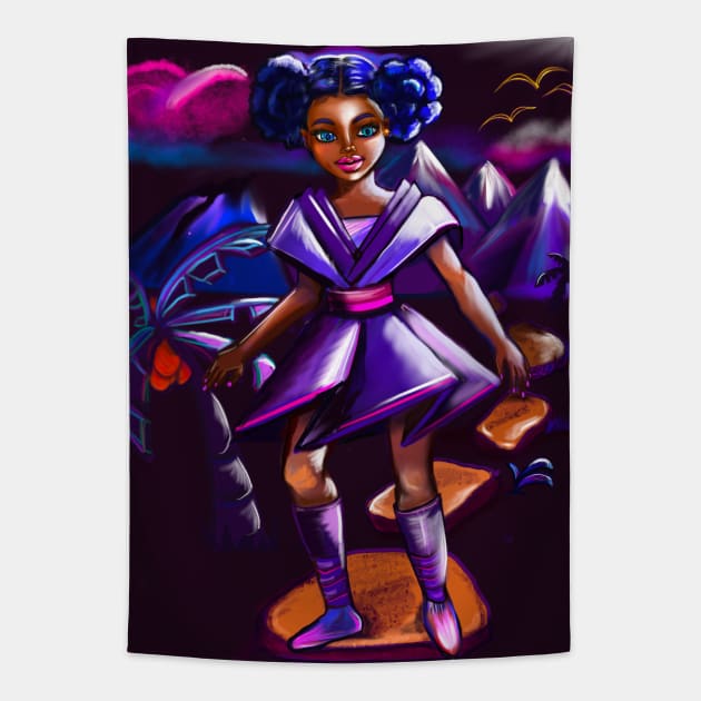 Anime girl with two puffs and lighting 2. Black afro anime girl in purple space fantasy scene ! beautiful  black girl with Braided hair, blue eyes, Cherry pink lips and dark brown skin. Hair love ! Tapestry by Artonmytee