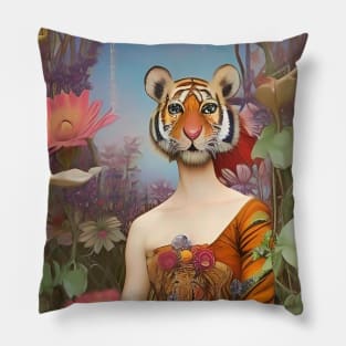 Cool dream and surreal floral design with flowers a girl and tiger Pillow