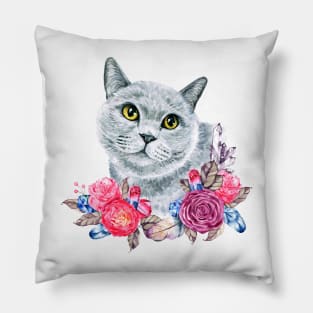 Cute Russian Blue Cat with Roses Watercolor Art Pillow