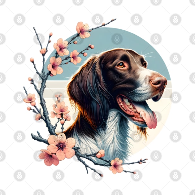 Joyful German Longhaired Pointer with Spring Cherry Blossoms by ArtRUs