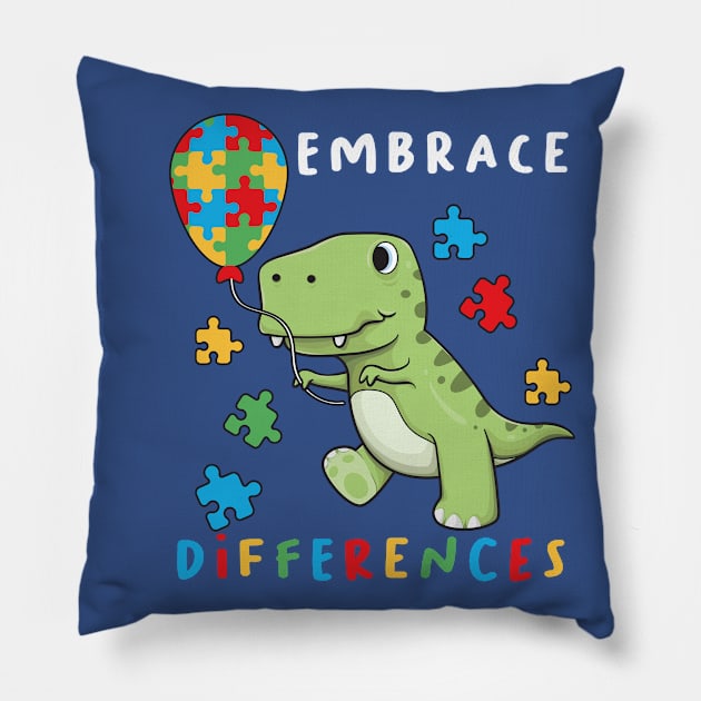 Autism Awareness T-Rex Dinosaur Color Puzzles Heart Balloons Pillow by kevenwal