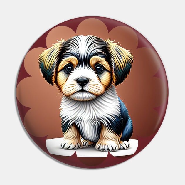 Havanese Puppy Dog in Black, Brown & White Fur Coat Markings Pin by SymbioticDesign