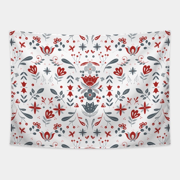 Scandinavian Folk Flower Pattern Tapestry by Raluca Mateescu