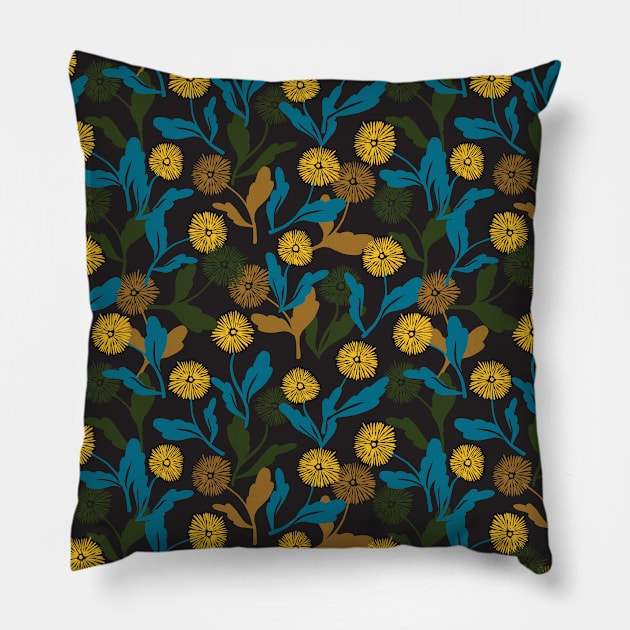 Dandelion floral pattern black ver Pillow by FlinArt