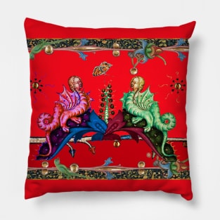 WEIRD MEDIEVAL BESTIARY RED GREEN HYBRID DRAGONS IN ROYAL RED Pillow