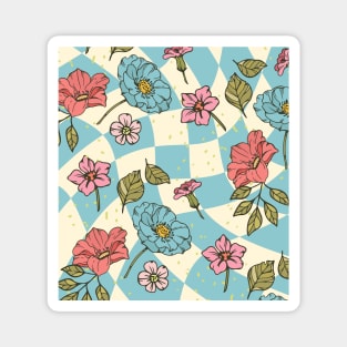 Blue Groovy Plaid Floral Magnet