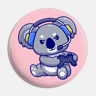 Cute Koala Playing Game With Headphone Cartoon Pin