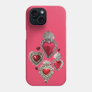 Mexican milagrito vibrant red sacred heart silver oaxaca folk art elegant seamless pattern Phone Case