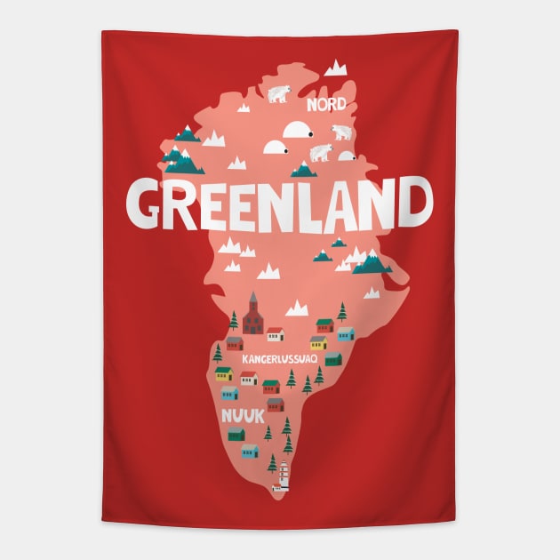 Greenland illustrated map Tapestry by JunkyDotCom