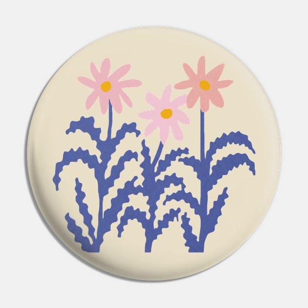 Three flowers pink blue Pin by JulyPrints