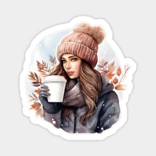 Winter girl with a hot coffee Magnet