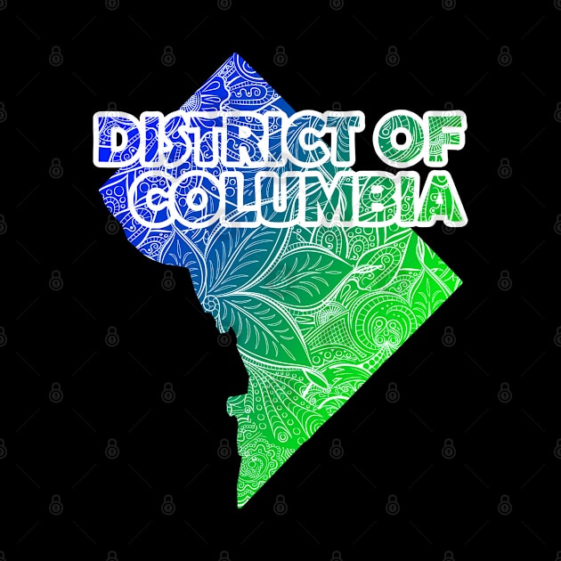 Colorful mandala art map of District of Columbia with text in blue and green by Happy Citizen