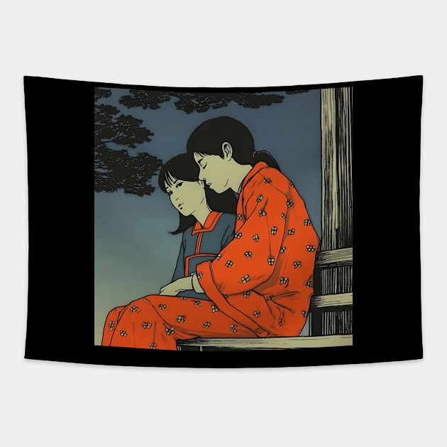 Two Asian Girls Sitting on the Bench Tapestry by KOTYA