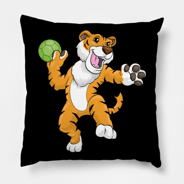 Tiger as handball player with handball Pillow by Markus Schnabel