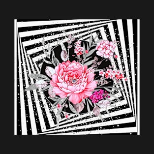 Pink Flowers ,Silver Leaves in Black and White Illusion T-Shirt