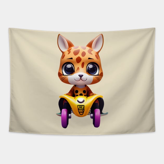 Paws and Prints: Skating Cat in Giraffe Charm Tapestry by Salaar Design Hub