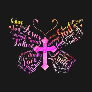 Butterfly Prayer Jesus Christian Cross Floral Pattern T-Shirt