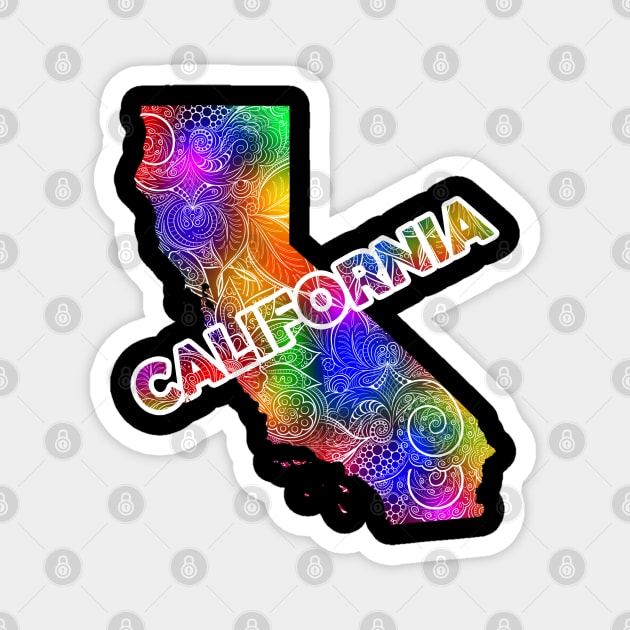 Colorful mandala art map of California with text in multicolor pattern Magnet by Happy Citizen