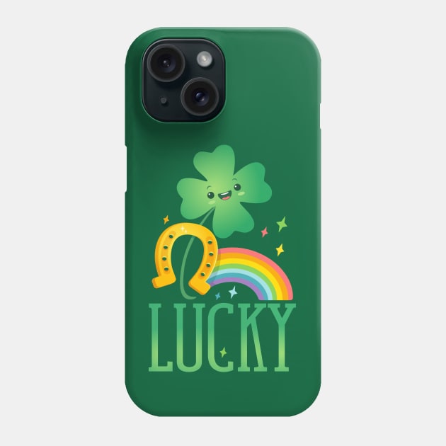 Cute kawaii lucky clover with rainbow and horseshoe Phone Case by Sir13