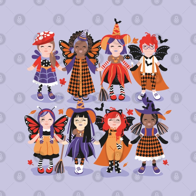 Witches dance // spot illustration // lilac background red orange and purple halloween fantasy costumes by SelmaCardoso