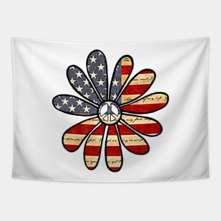 American Flag Hippie Flower With Peace Sign Center Tapestry