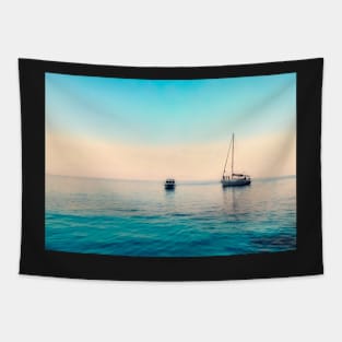 TWO BOATS AND A BLUE SUNSET ON THE SEA DESIGN Tapestry