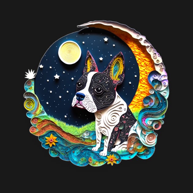 Boston Terrier Dog in Space Crescent Moon Planets Stars Cute by joannejgg