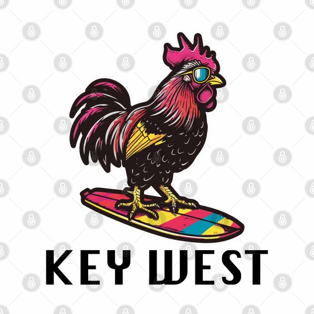 Key West Florida - Surfing Rooster (with Black Lettering) by VelvetRoom