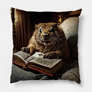 watercolor groundhog reading book Pillow