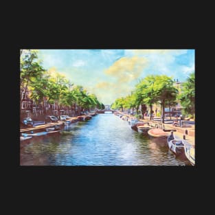 Amsterdam canal boats watercolor art painting T-Shirt