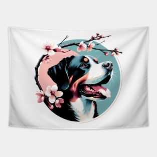 Joyful Greater Swiss Mountain Dog with Spring Cherry Blossoms Tapestry