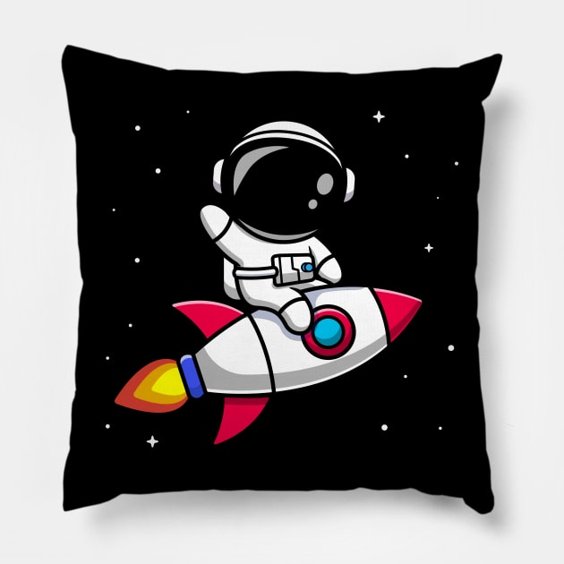 Astronaut Riding Rocket Cartoon Vector Icon Illustration (2) Pillow by Catalyst Labs