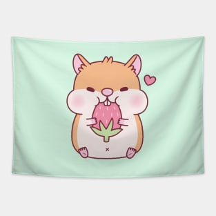 Cute Chubby Hamster Munching On Strawberry Tapestry