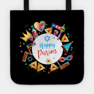 Happy Purim Kids Party Gifts Decoration Jewish Holiday Traditional symbols. Hamantaschen cookies, gragger toy noisemaker, clowns, balloons, masks, stars of David. Carnival. Tote