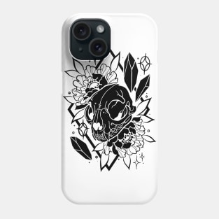 Cat skull, crystals, and peonies in black Phone Case